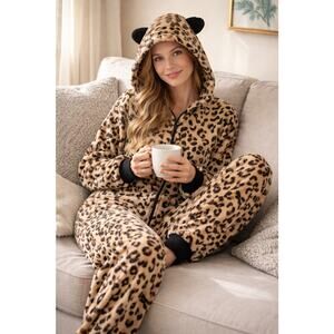 Essentials Leopard Print Hooded Pajama Jumpsuit XL Plush Fleece Animal Ear Furry